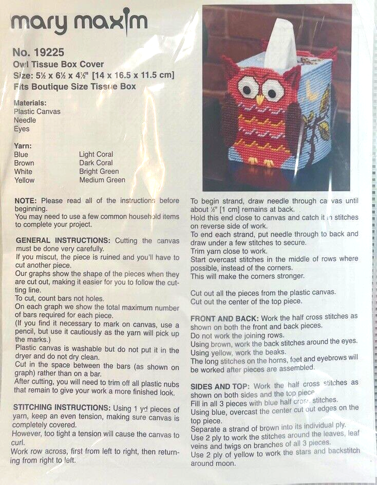 Cross Needle Stitch Plastic Canvas Kit No. 19225 "Owl Tissue Box Cover".