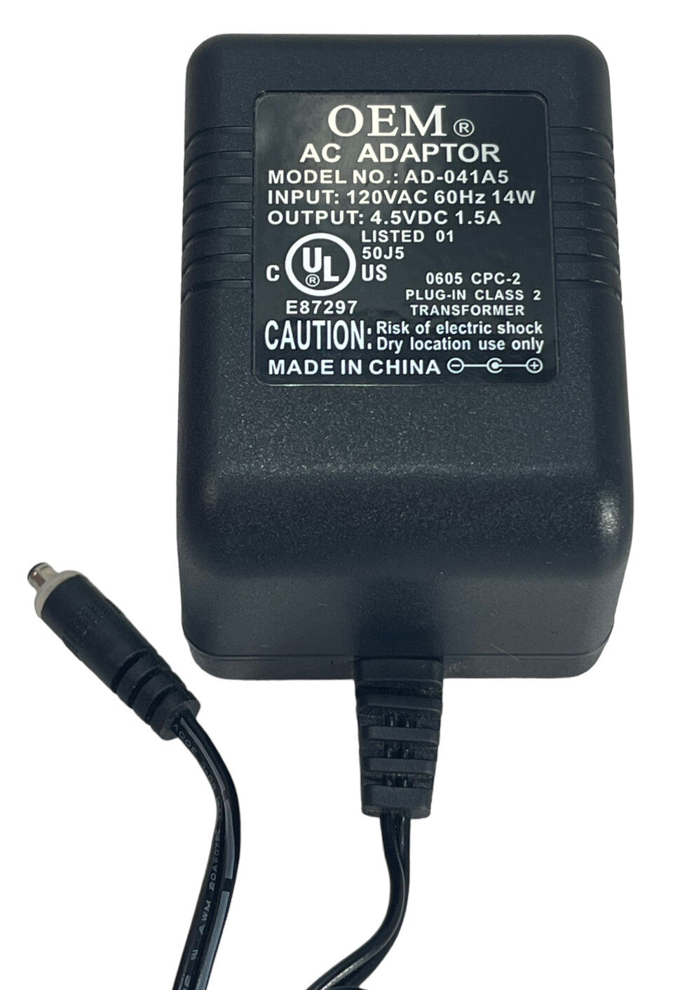 OEM AC Adapter Model NO. AD-041A5, Output 4.5V DC - Input 120VAC, TESTED-WORKS.