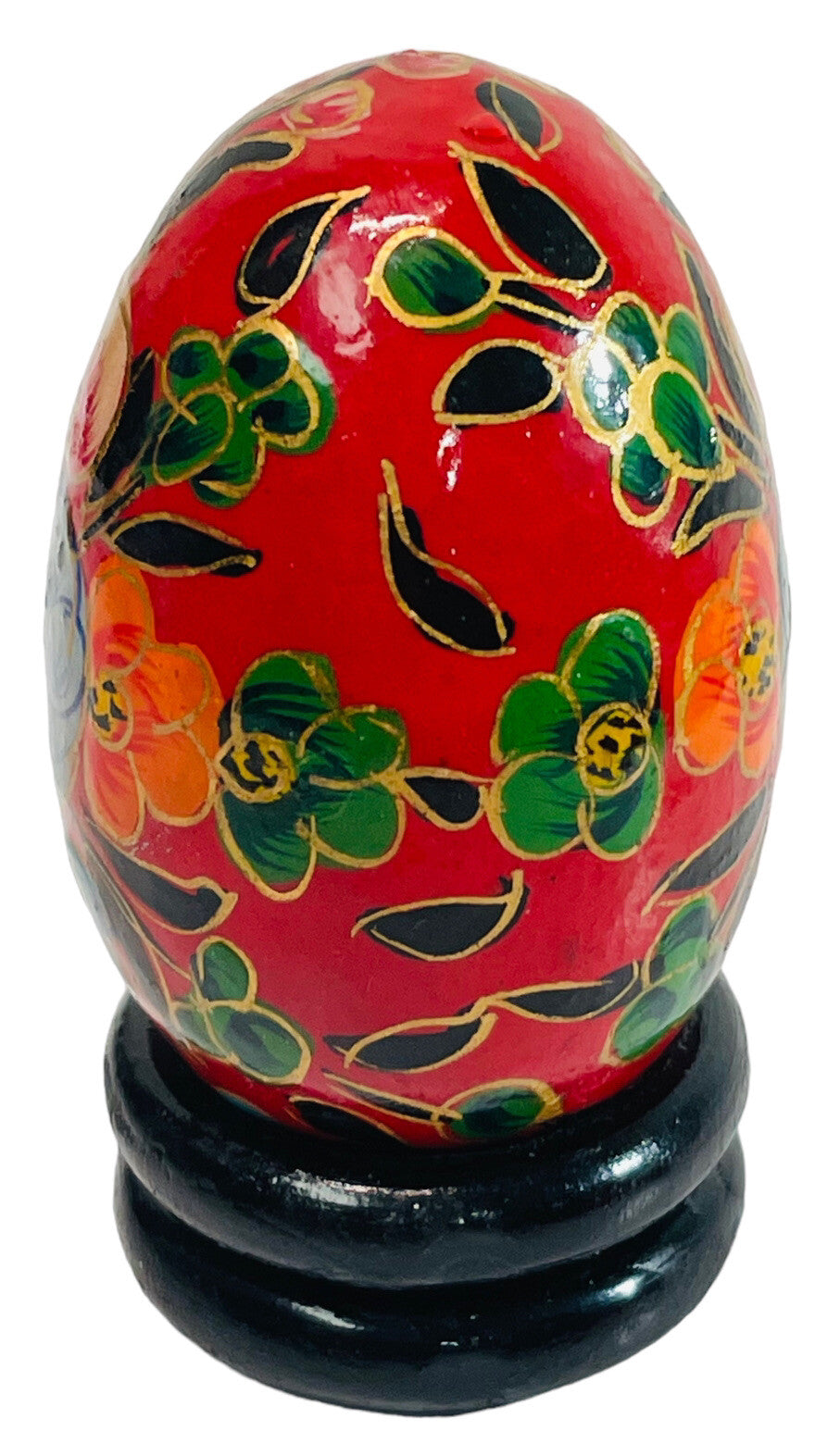 Floral Wood Egg w/Bright Flowers, Handmade w/Original Stand Kashmir India, MINT
