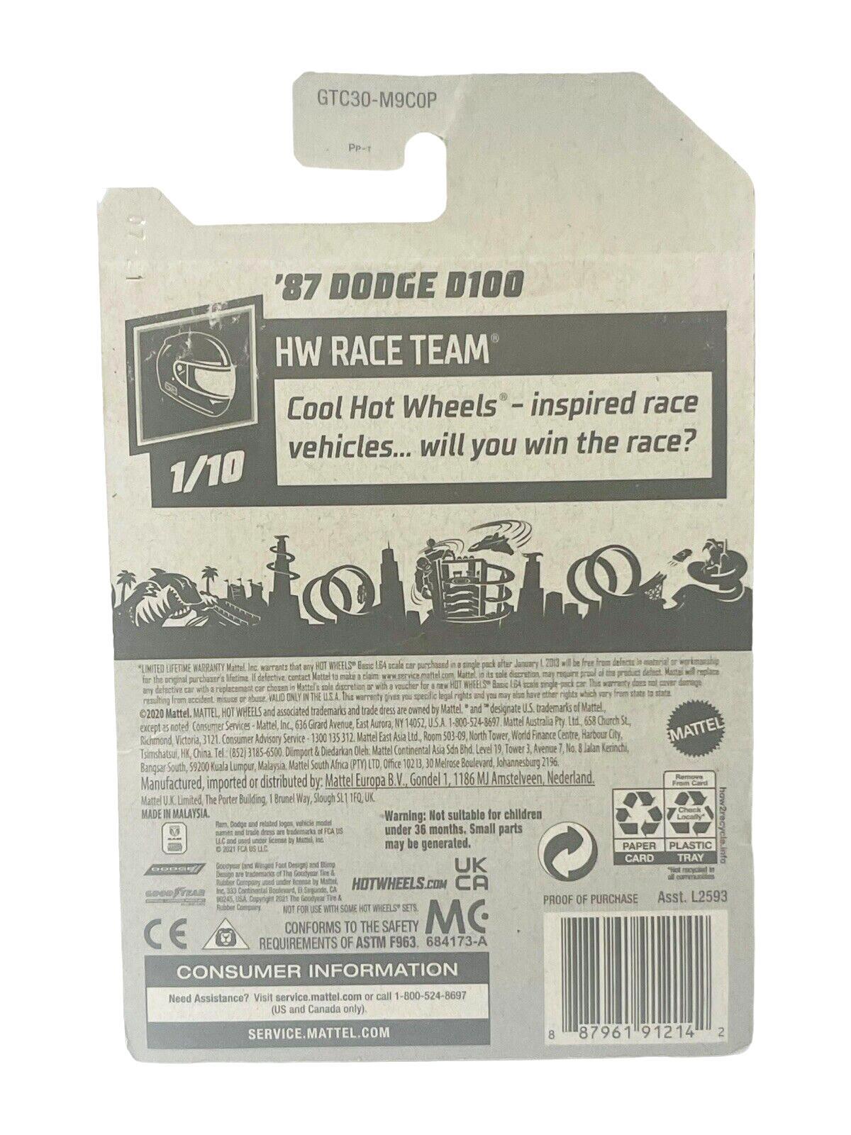 ‘87 DODGE D100 #188 HW RACE TEAM - 2021 Hot Wheels - BRAND NEW