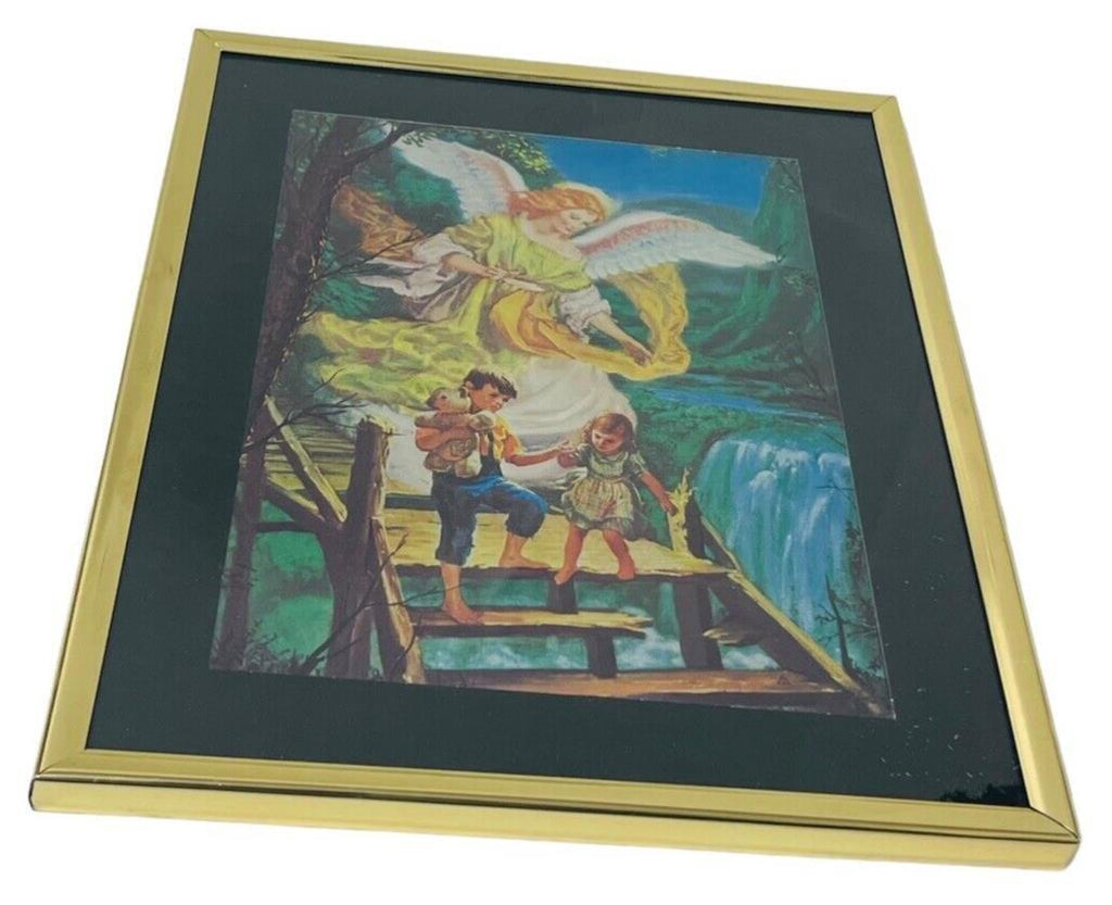 VINTADGE Guardian Angel Picture Art in Gold Frame-Black Matting 8 X 10.