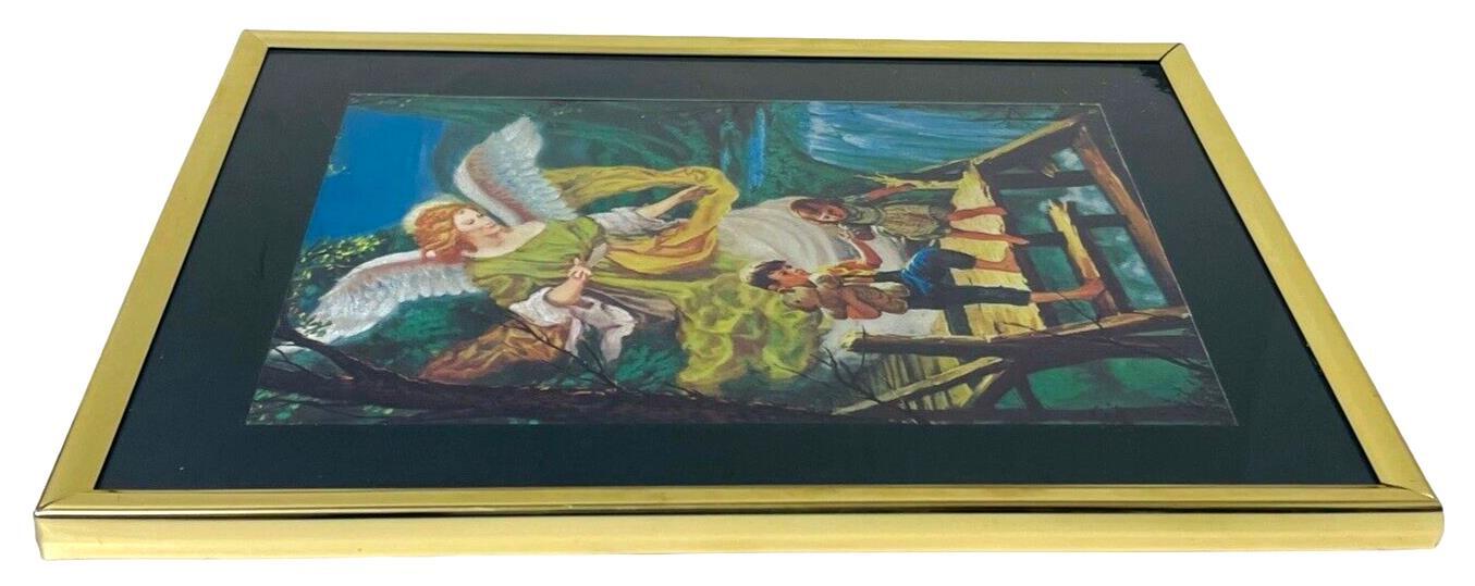VINTADGE Guardian Angel Picture Art in Gold Frame-Black Matting 8 X 10.