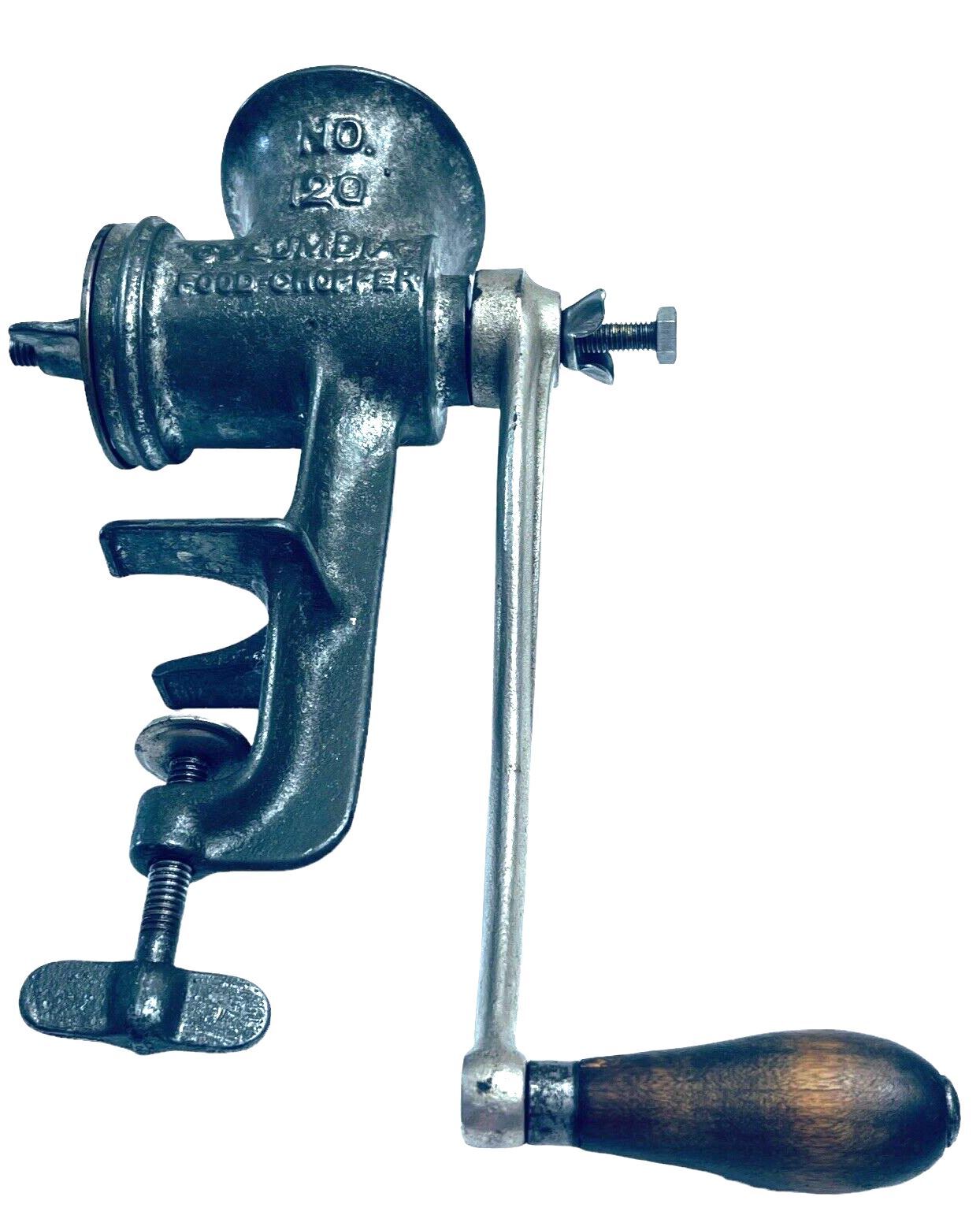 COLUMIBA FOOD CHOPPER Hand Crank Meat Grinder w/Wooden Handle - #120 - VINTAGE