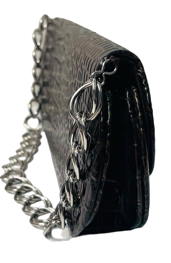 Faux Crocodile Leather Clutch Pruse Brown-L 11" X H 4" Chain Strap ~ Kate Landry