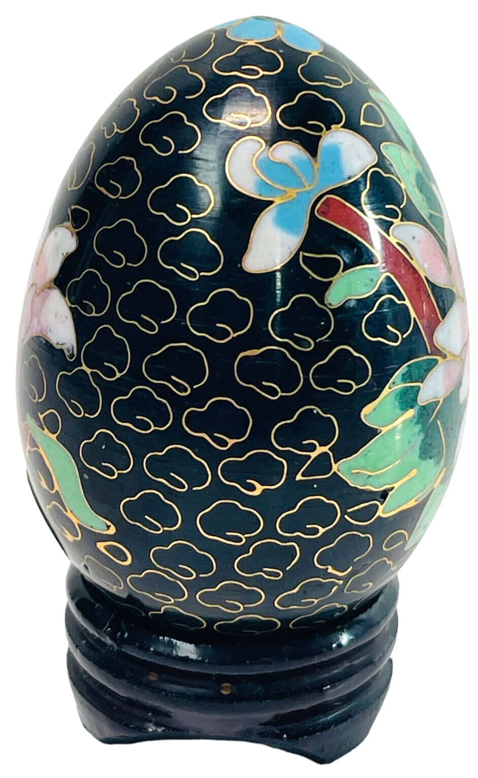 Floral Wood Egg w/Bright Flowers, Handmade w/Original Stand "MINT".