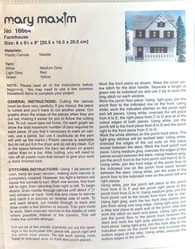Cross Needle Stitch Plastic Canvas Kit No. 16664 "Farmhouse" MARY MAXIM