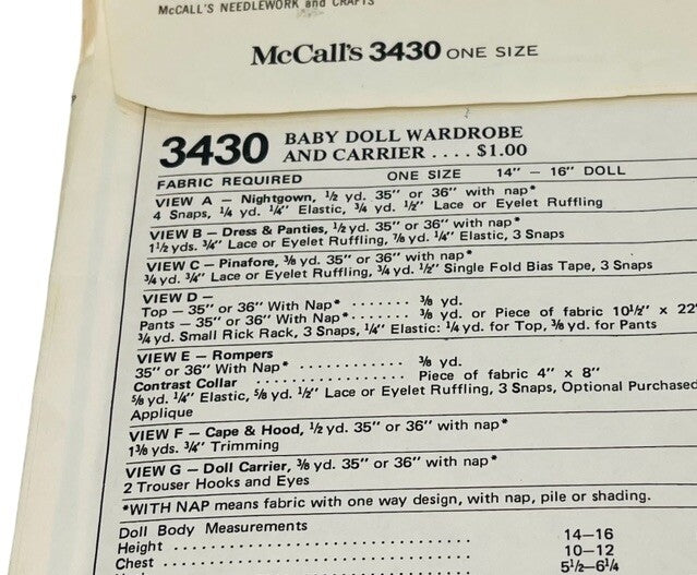 McCall's 3430 Baby Doll Wardrobe & Carrier Pattern for 14"-16" Dolls, Vintage