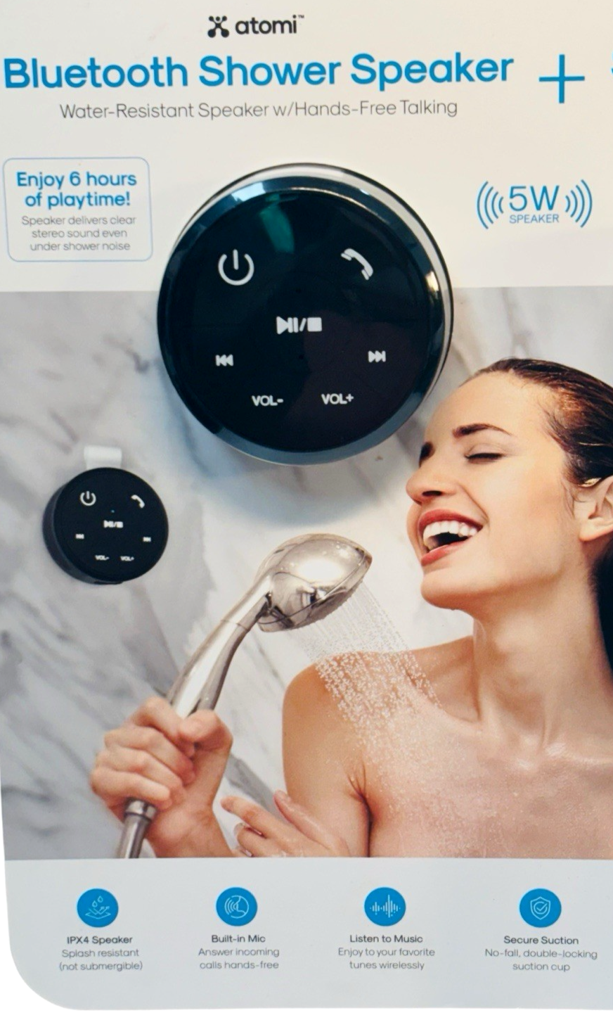 Atomi Bluetooth Shower Speaker + Shower Phone Mount, 5W SPEAKER, 6 HRS PLAY TIME