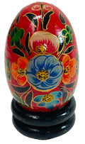 Floral Wood Egg w/Bright Flowers, Handmade w/Original Stand Kashmir India, MINT