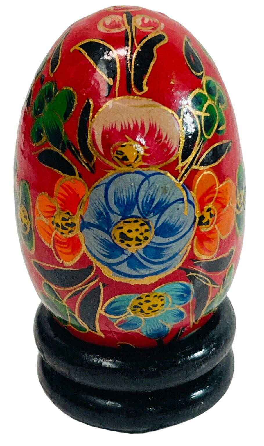 Floral Wood Egg w/Bright Flowers, Handmade w/Original Stand Kashmir India, MINT