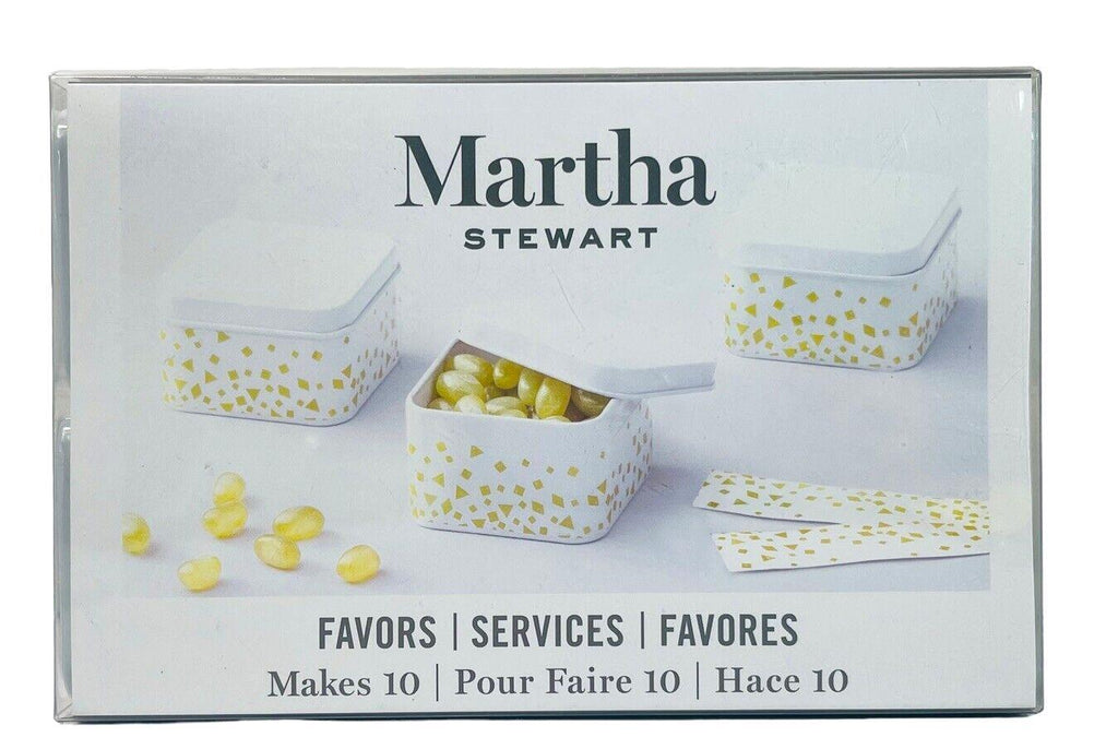 White Metal Favor Boxes 10 White & Gold Tins w/Lids & Gold Lables - Martha Stewa