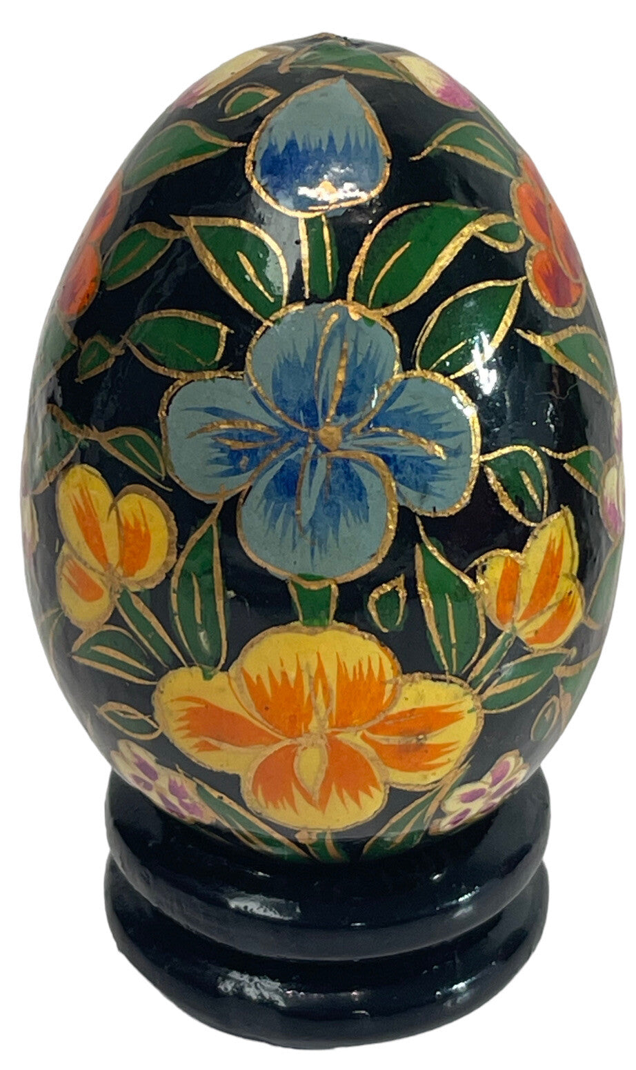 Floral Wood Egg w/Bright Flowers, Handmade w/Original Stand "MINT".