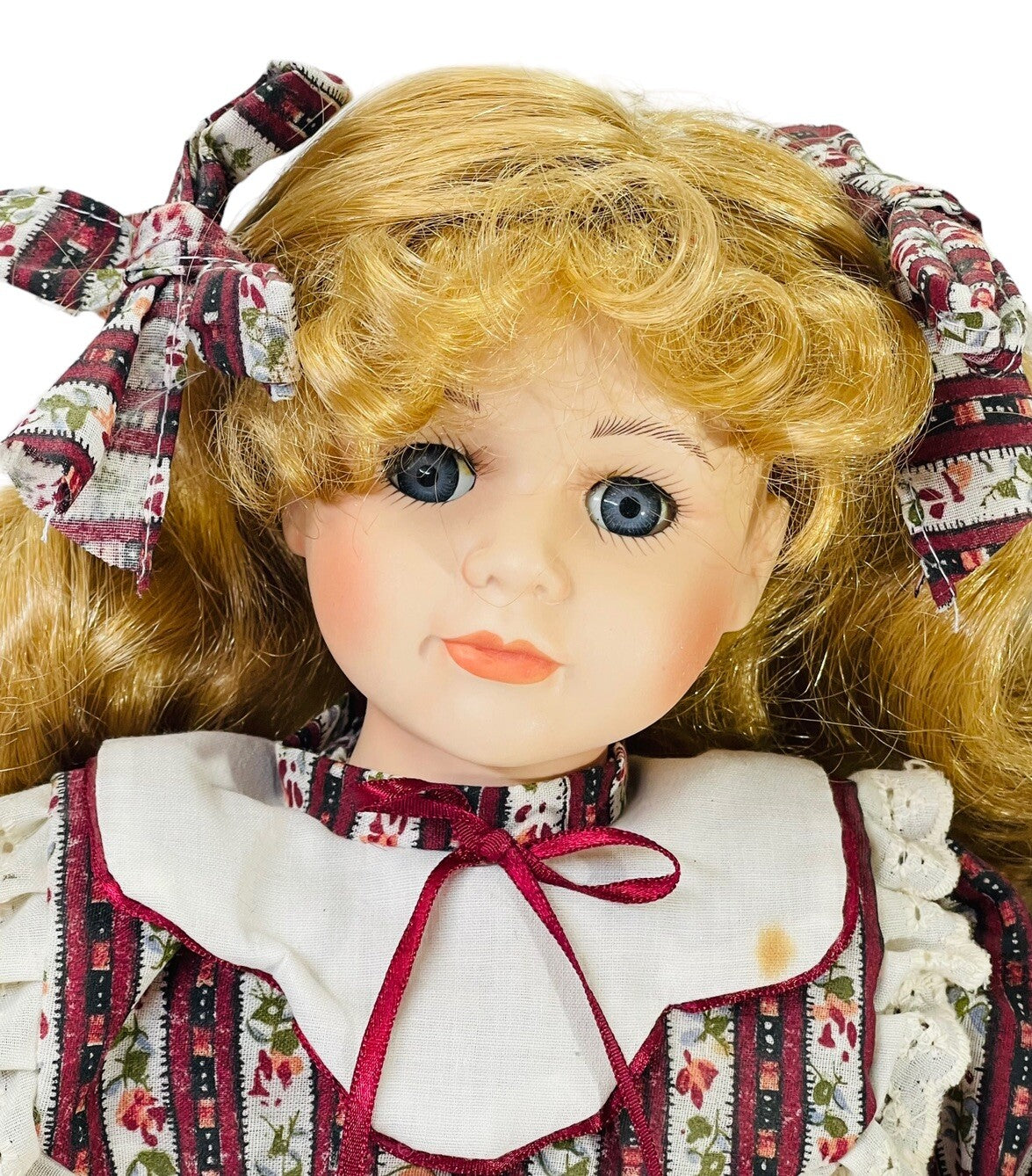 VINTAGE PORCELAIN DOLL BLONDE ~ BLUE EYES H 18''XW 6'' ~ WT. 1.7 lbs.