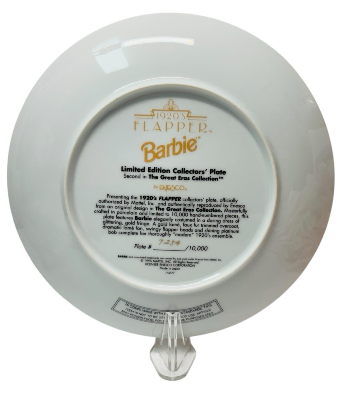 Enesco 1920s Flapper Barbie Collector Plate 7234/10,000 8.25" 1995 W/Certificate