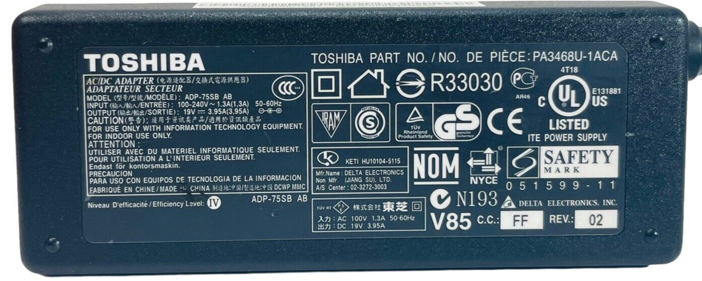 LAPTOP POWER ADAPTER ADP-75SB AB 19V. 3.95 ATOSHIBA "GENUINE/TESTED & WORKS".