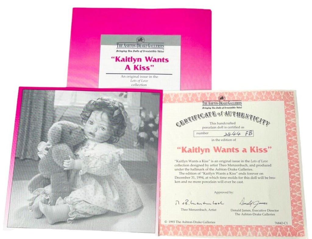 PORCELAIN DOLL KAITLYN w/Teddy Bear 1993 THE ASHTON-DRAKE GALLERIES No. 2444 FB