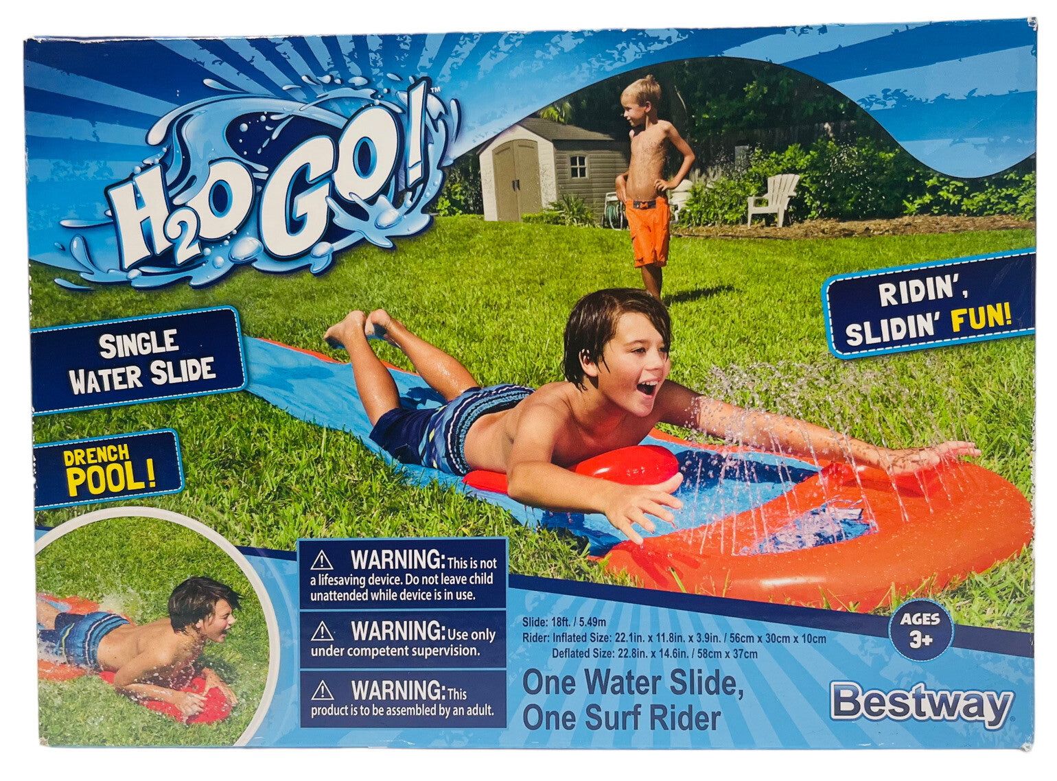 H2O GO Inflatable Single Water Slide w/Surf Rider 22''- New Factory Sealed