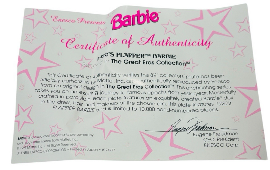 Enesco 1920s Flapper Barbie Collector Plate 7234/10,000 8.25" 1995 W/Certificate