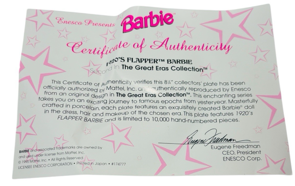 Enesco 1920s Flapper Barbie Collector Plate 7234/10,000 8.25" 1995 W/Certificate