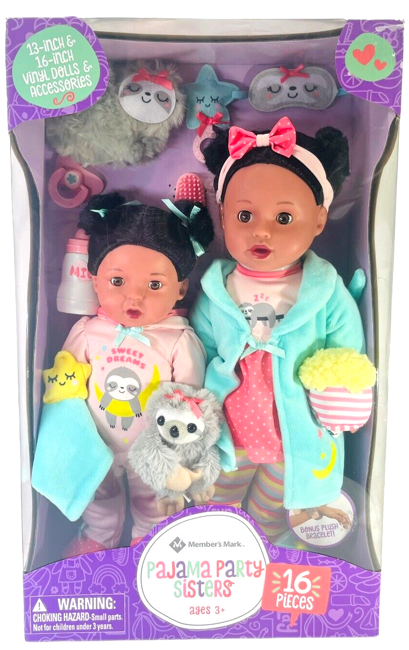 NEW Vinyl Dolls Pajama Party Sisters 13" & 16" (16 Accessories) Member's Mark