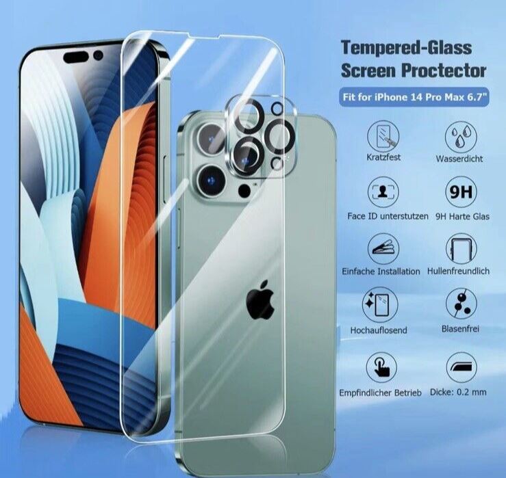 iPhone 14 Pro Max 5D Tempered Glass Screen & Camera Protectors PACK OF 3 ~ NEW.
