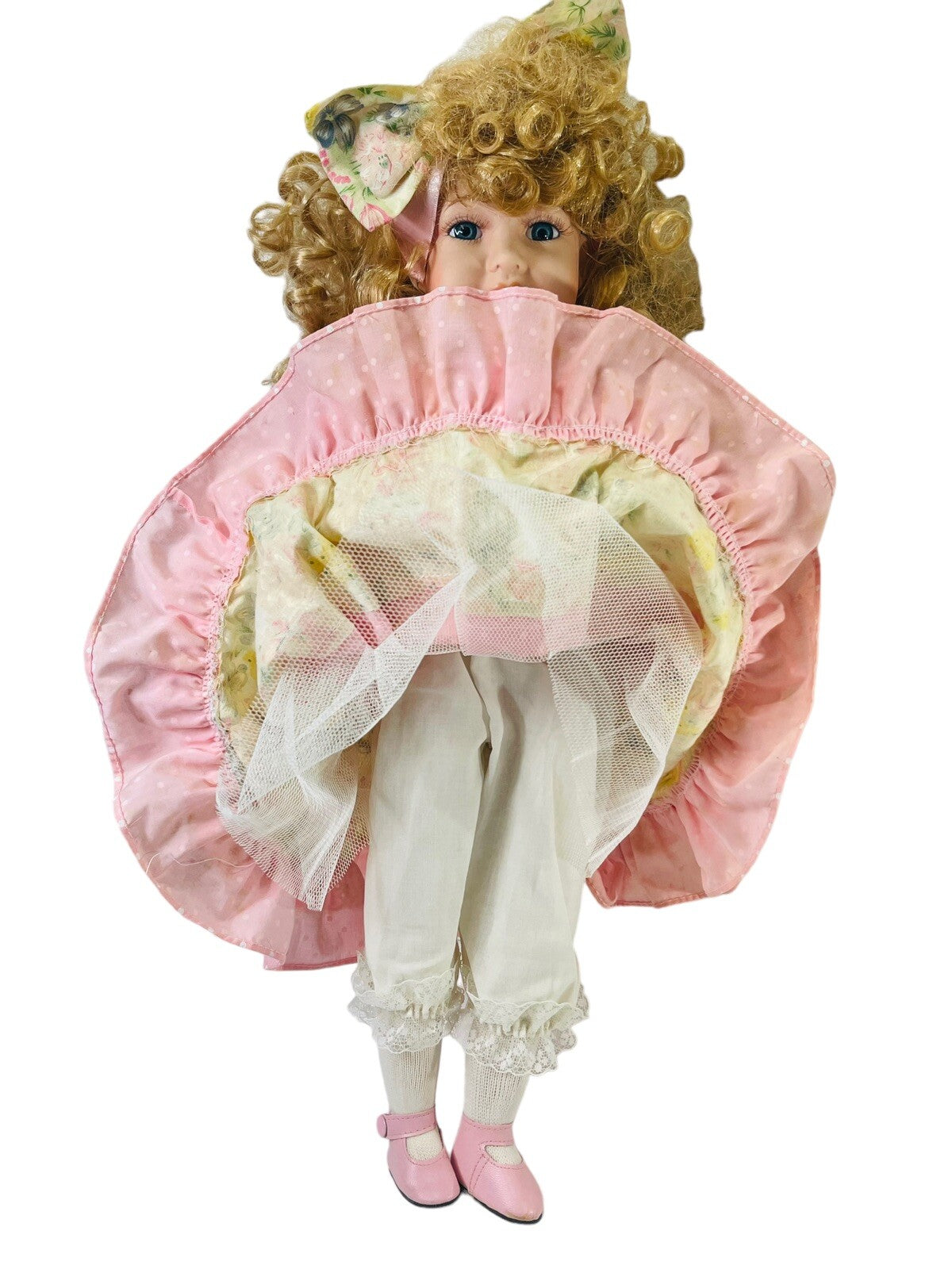 World Bazaars Bisque Sweet N Pink Porcelain Doll 19” Red Curly Hair & Blue Eyes.
