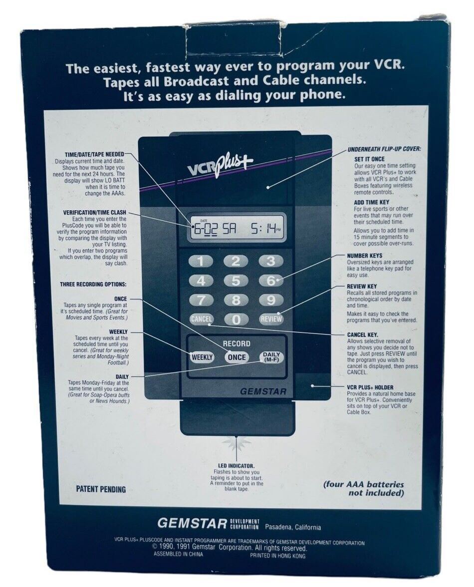 1991 Gemstar VCR Plus+ Instant TV VCR Programmer Makes Taping Easy - VINTAGE