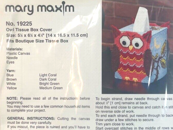 Cross Needle Stitch Plastic Canvas Kit No. 19225 "Owl Tissue Box Cover".