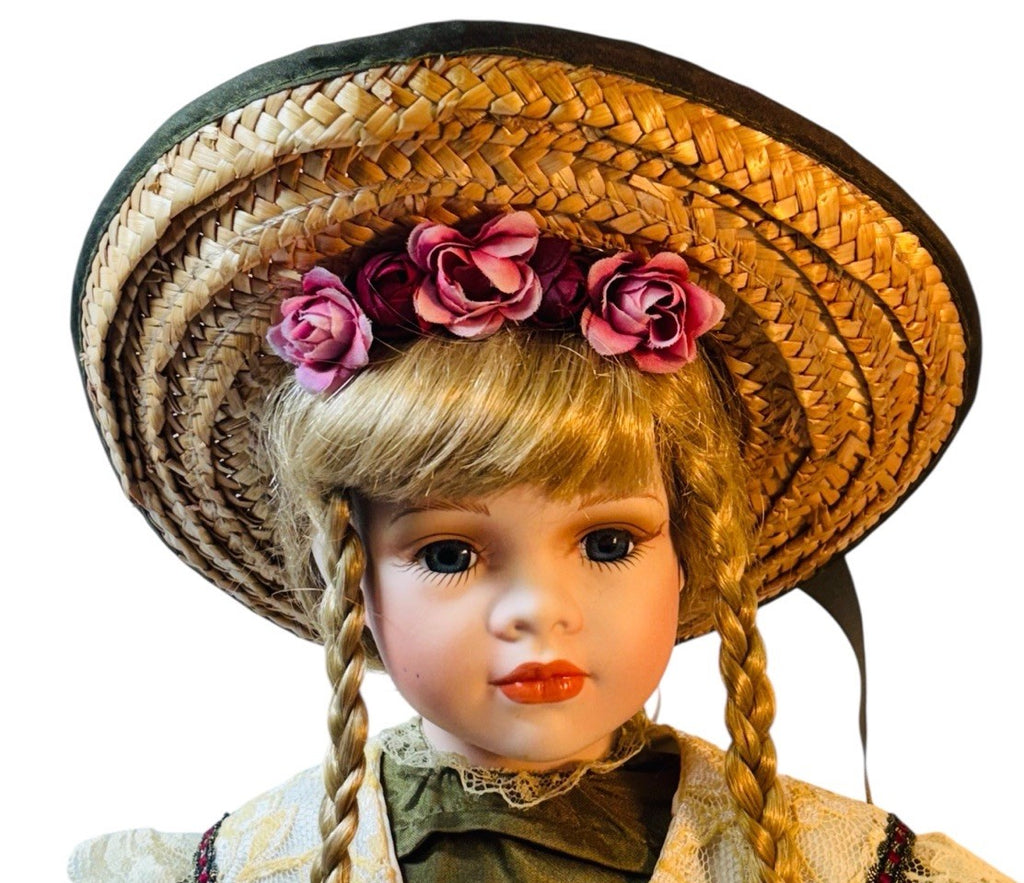Porcelain Girl Doll Victorian Style Blode Hair, Astrology Print Clothes 16” Tall