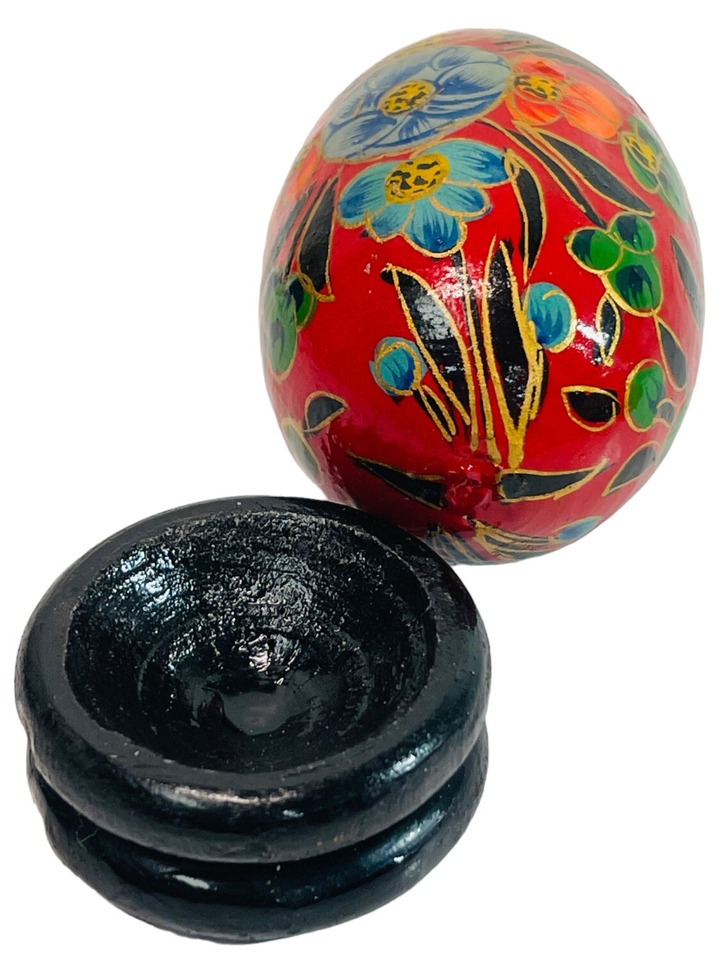 Floral Wood Egg w/Bright Flowers, Handmade w/Original Stand Kashmir India, MINT