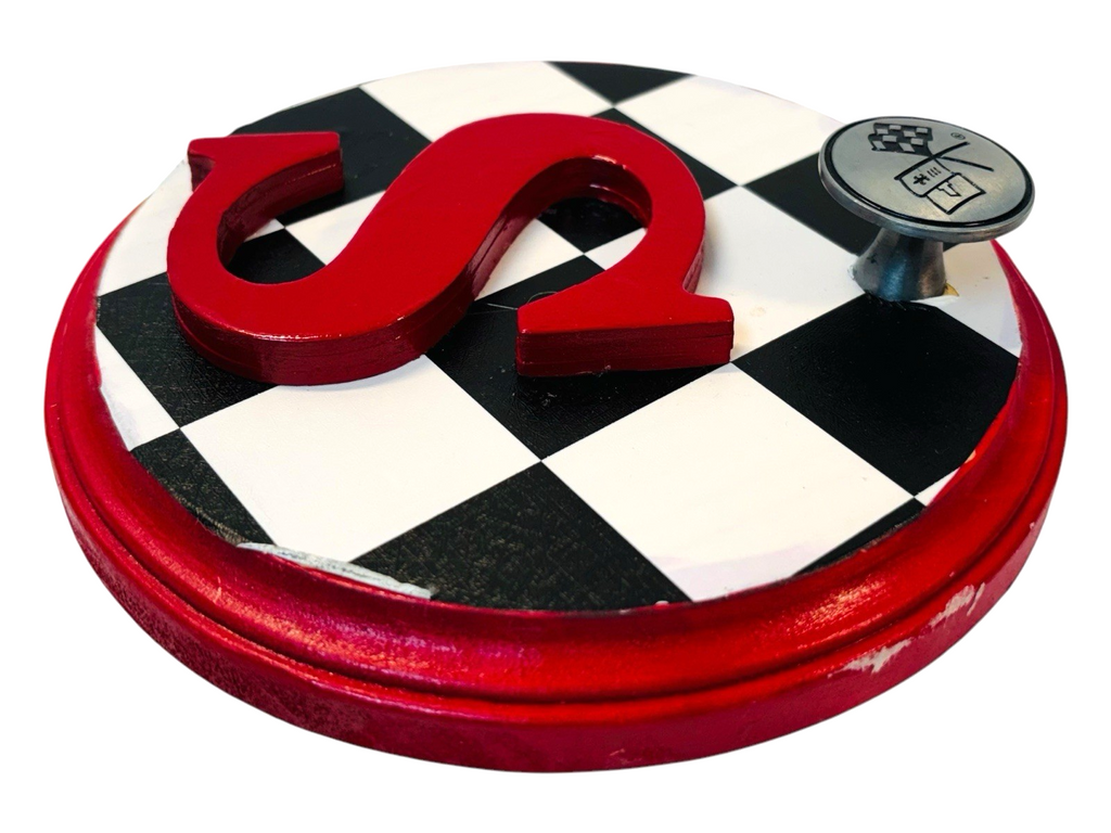 CHEVROLET  RACING FLAG Metal Hook On Wood Plaque  w/Letter "S" 6.5X6.5" Round.