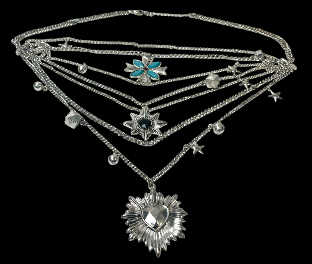 Vintage Multiple Chain Silver Tone Necklace with Charms 12'' EXCELLENT CONDITION