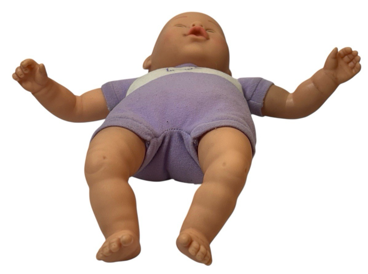 2008 Cititoy Baby Doll Blue Eyes Purple Body 13'' W/Elephant on White-Bib