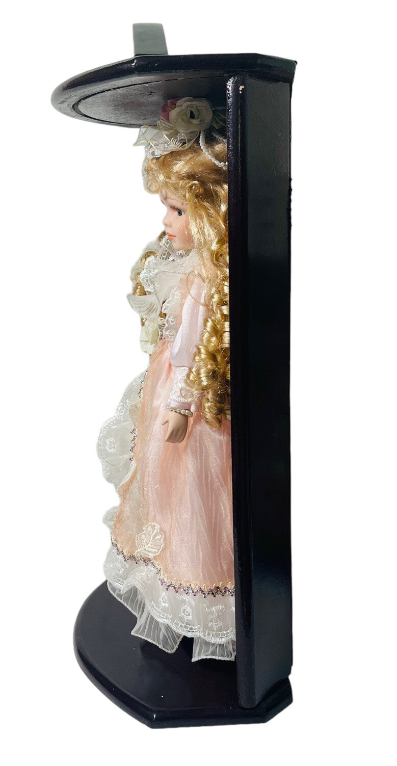 17' Porcelain Doll W/BLUE Eyes Golden Locks (Goldenvale) & Red Wood Display Case