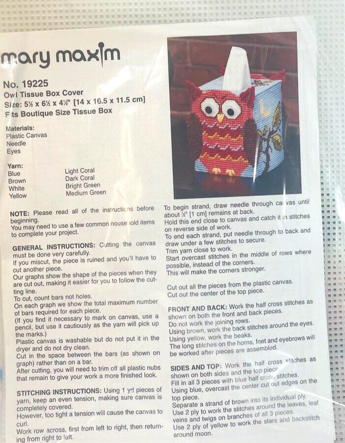 Cross Needle Stitch Plastic Canvas Kit No. 19225 "Owl Tissue Box Cover".