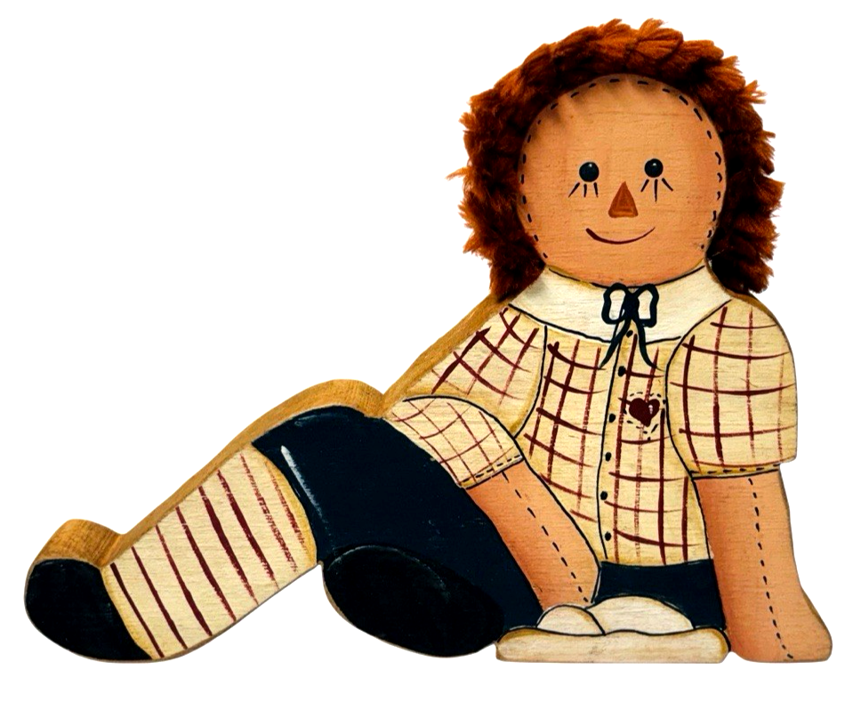 1989 Decorative Raggedy Ann & Andy Wooden Shelf Bookends & Miniature Wood Ladder1