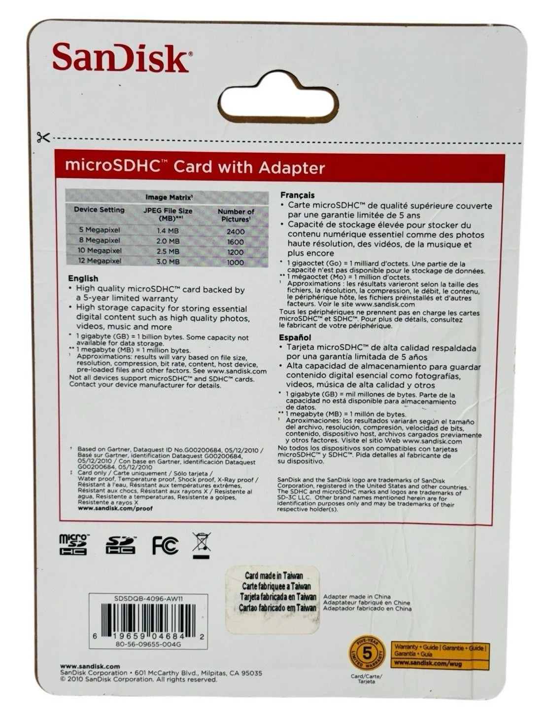 MicroSDHC 4GB Card By: ScanDisk, New In Package NEW 