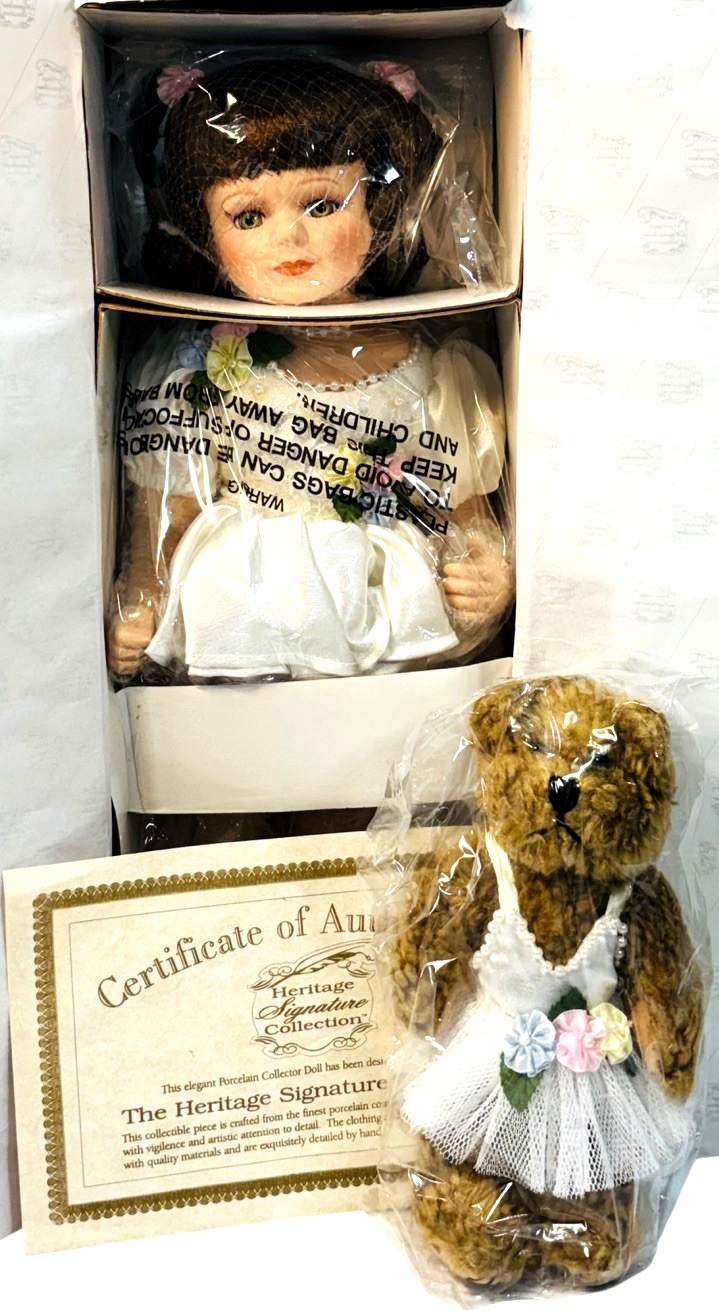 Vintage The Heritage Signature Porcelain Collector Ballerina Doll 16'' & Teddy0