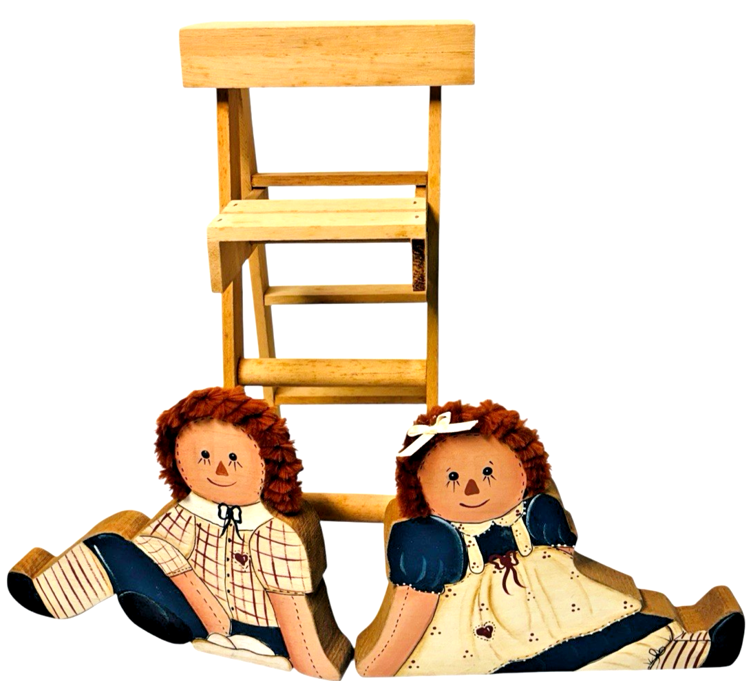 1989 Decorative Raggedy Ann & Andy Wooden Shelf Bookends & Miniature Wood Ladder0